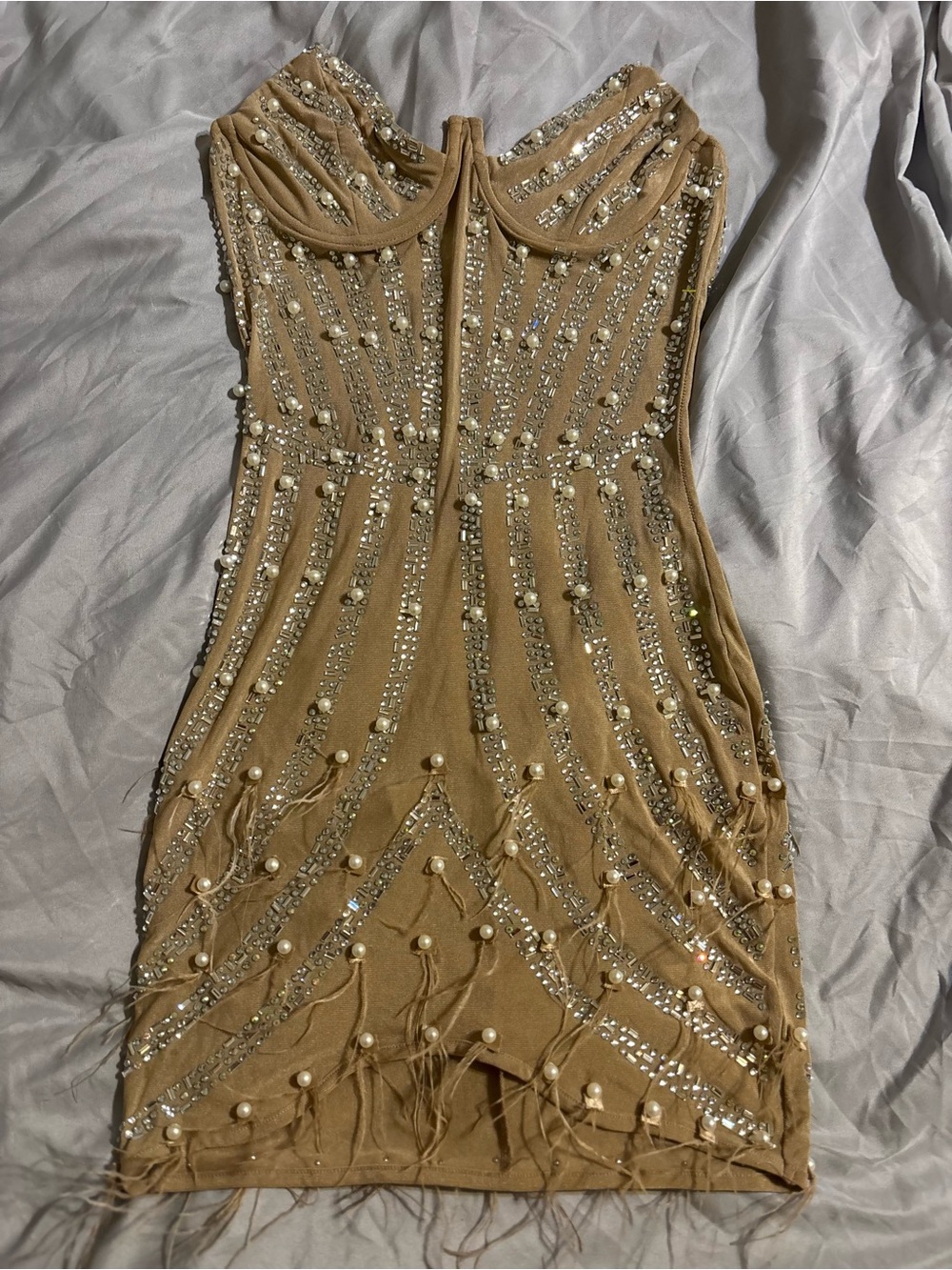 Beaded Pearl-Embellished Tan Cocktail Dress